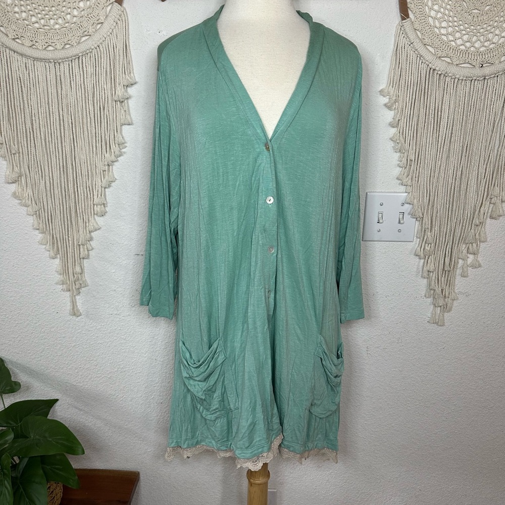 LOGO by Lori Goldstein Green Cardigan with Lace Detail petite 2X